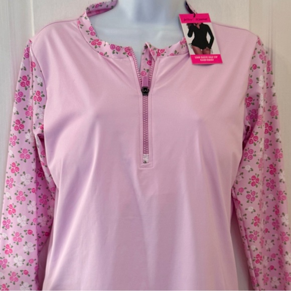 BETSEY JOHNSON RASH GUARD SWIM TOP. LONG SLEEVE UPF 50. SIZE L PINK FLORAL - Picture 2 of 13
